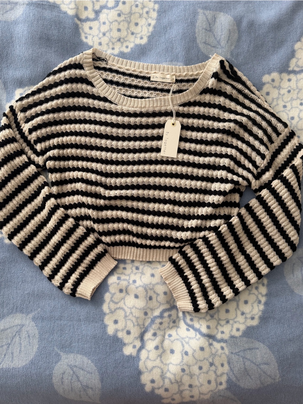 By Together Black and Cream Striped Crewneck Loose Fit Sweater